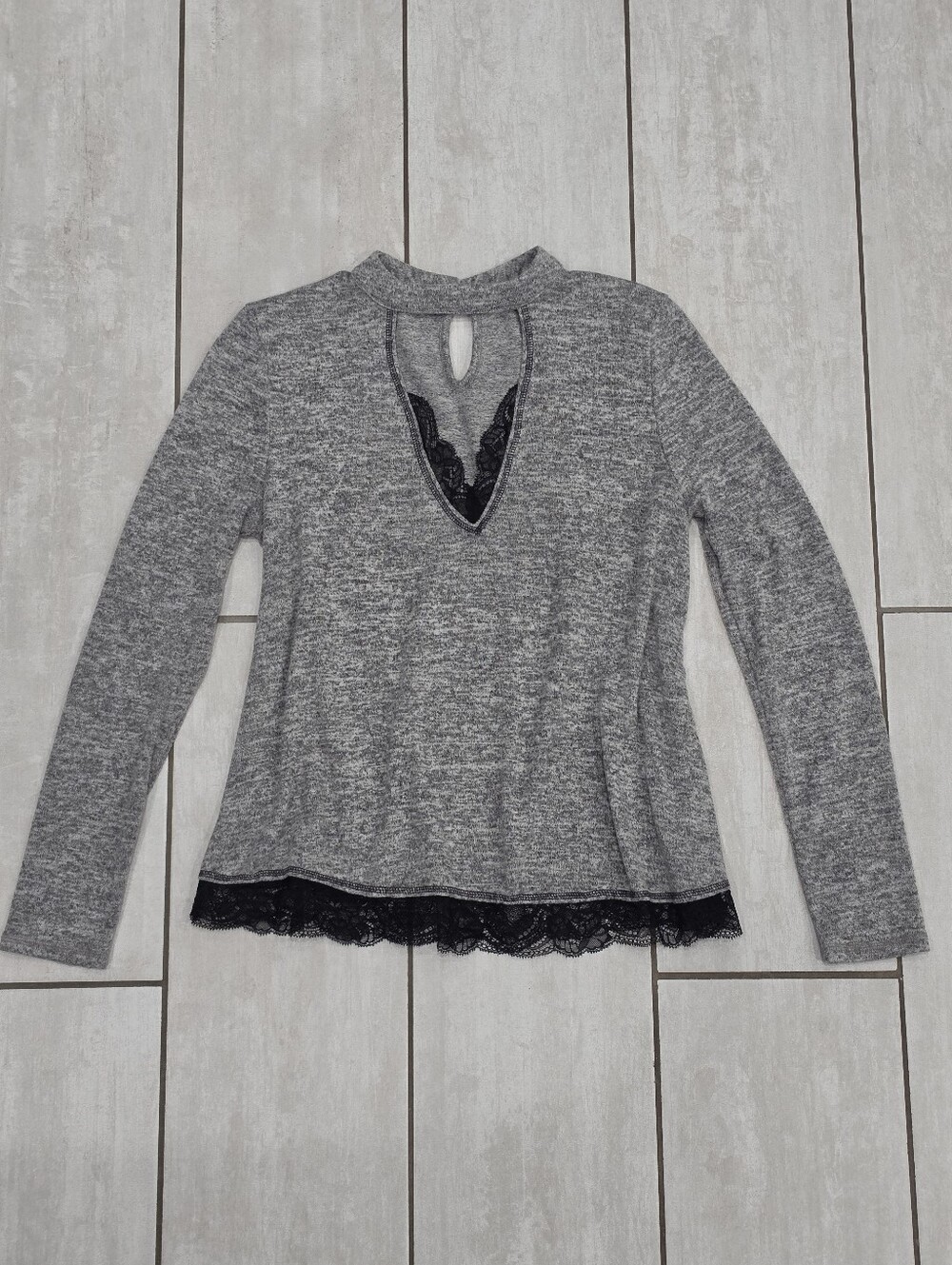 ALTAR'D STATE Gray Heather Choker Neck Black Lace Trim Cutout Knit Sweater Top